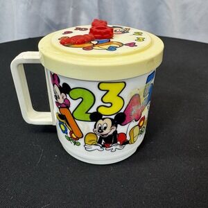 Walt Disney Productions CLOCK MUG Plastic Vintage With Lid Alphabet & Letters